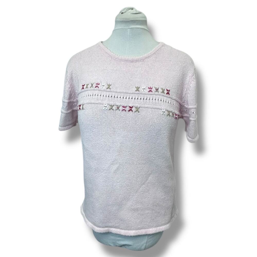 Cherokee Womens Short Sleeve Crew Neck Sweater VTG 90s Cottagecore Light Pink XL